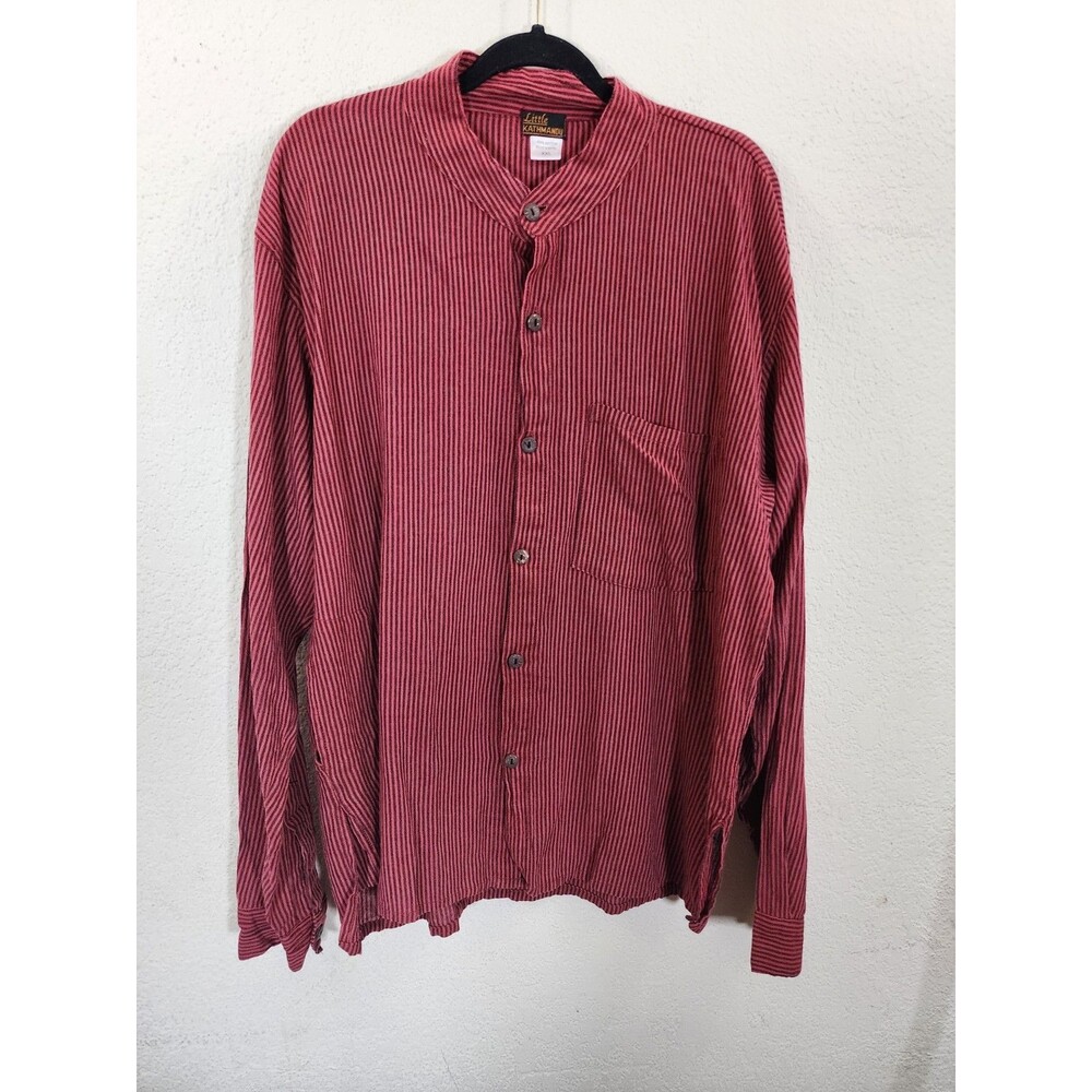 Little Kathmandu Mens Shirt XXL Red Striped Boho Hippie Granddad Collar Nepal